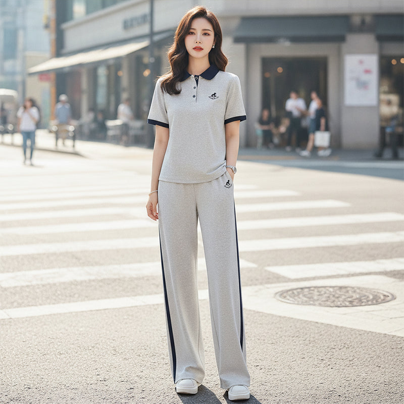 Color-block Polo-style short-sleeve and wide-leg pants athleisure set