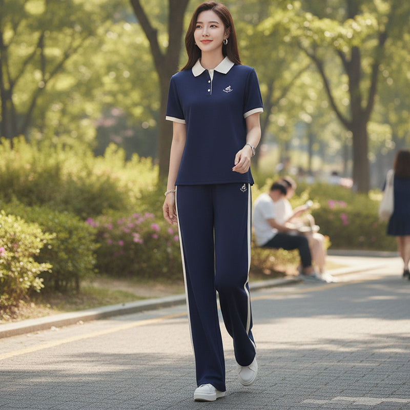 Color-block Polo-style short-sleeve and wide-leg pants athleisure set