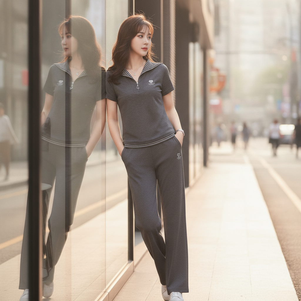 Striped Embroidered Short-Sleeve Top and Trousers Set