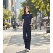 Color-block Polo-style short-sleeve and wide-leg pants athleisure set