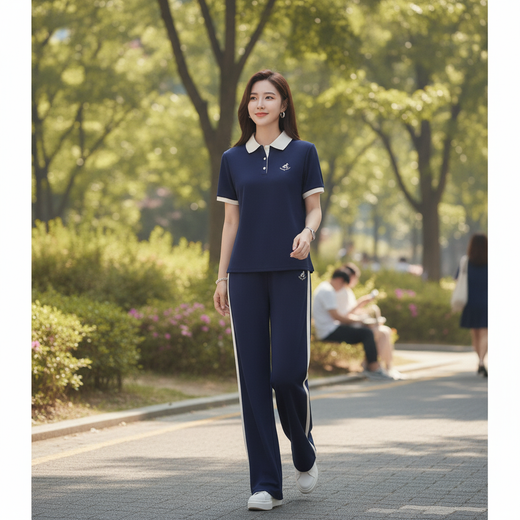 Color-block Polo-style short-sleeve and wide-leg pants athleisure set