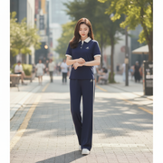 Color-block Polo-style short-sleeve and wide-leg pants athleisure set
