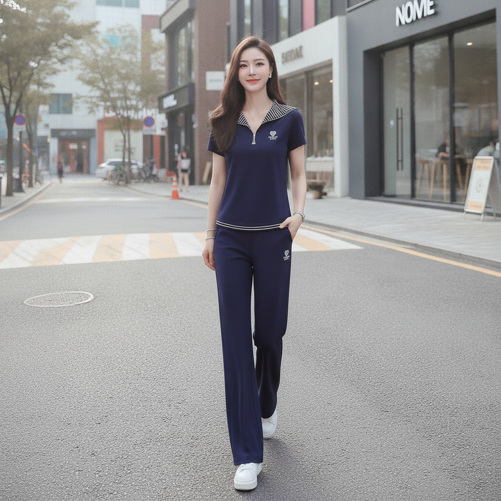 Striped Embroidered Short-Sleeve Top and Trousers Set