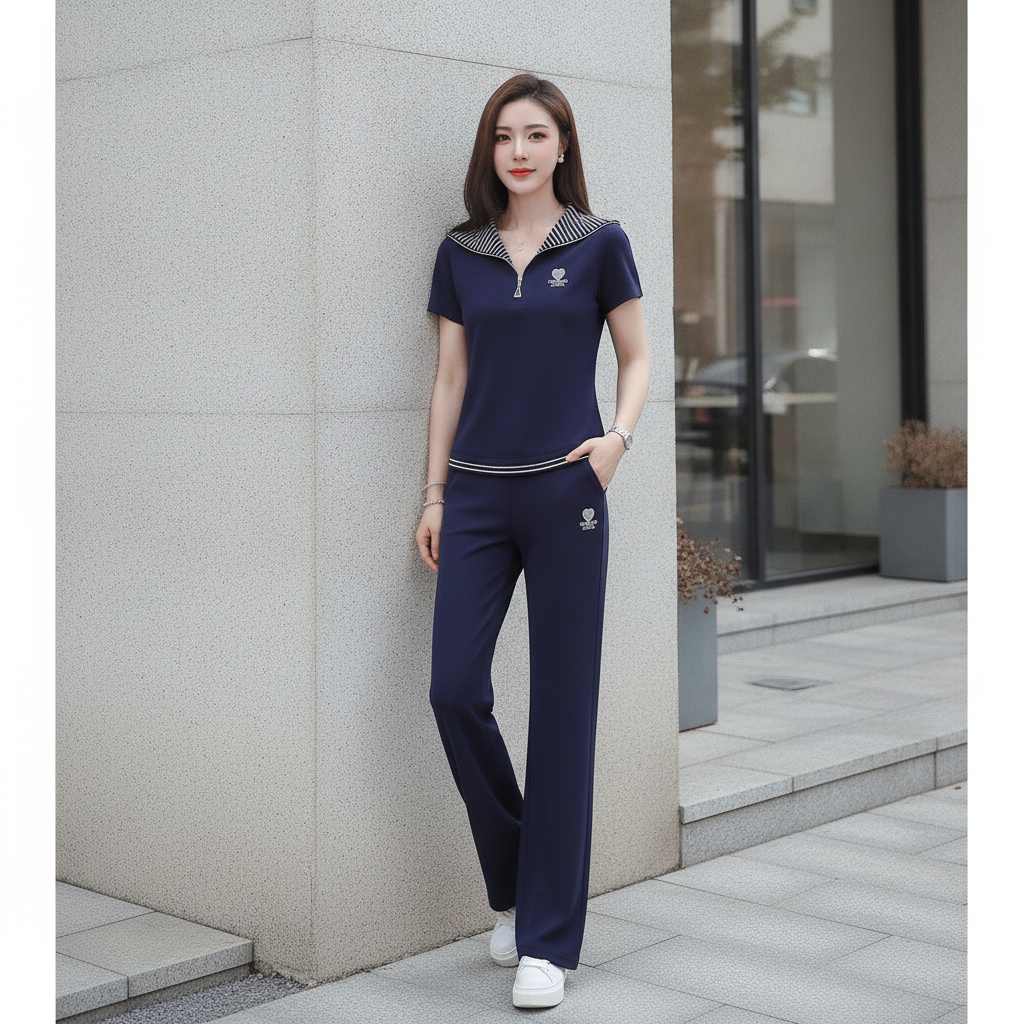 Striped Embroidered Short-Sleeve Top and Trousers Set