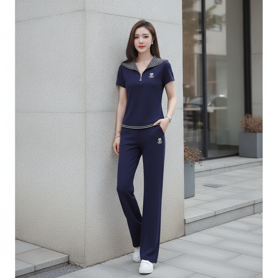 Striped Embroidered Short-Sleeve Top and Trousers Set