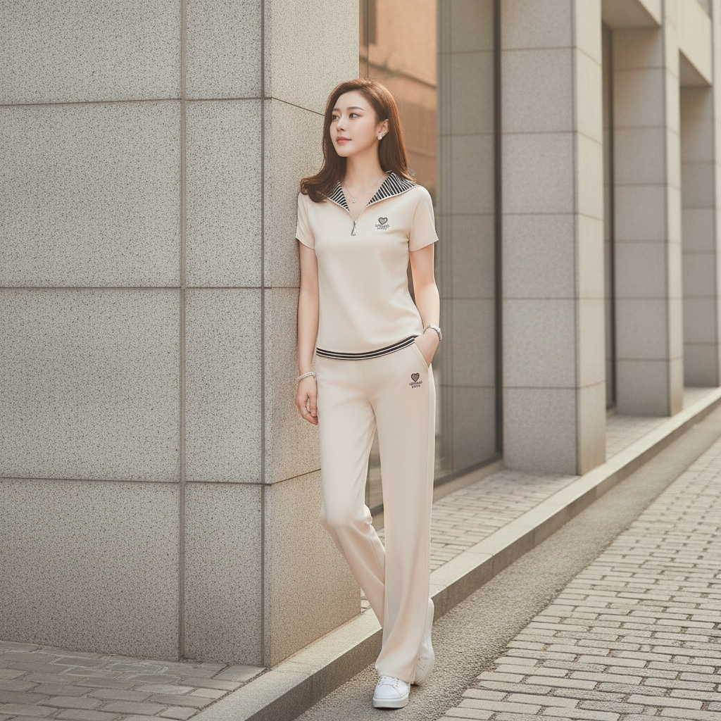 Striped Embroidered Short-Sleeve Top and Trousers Set
