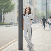 Color-block Polo-style short-sleeve and wide-leg pants athleisure set