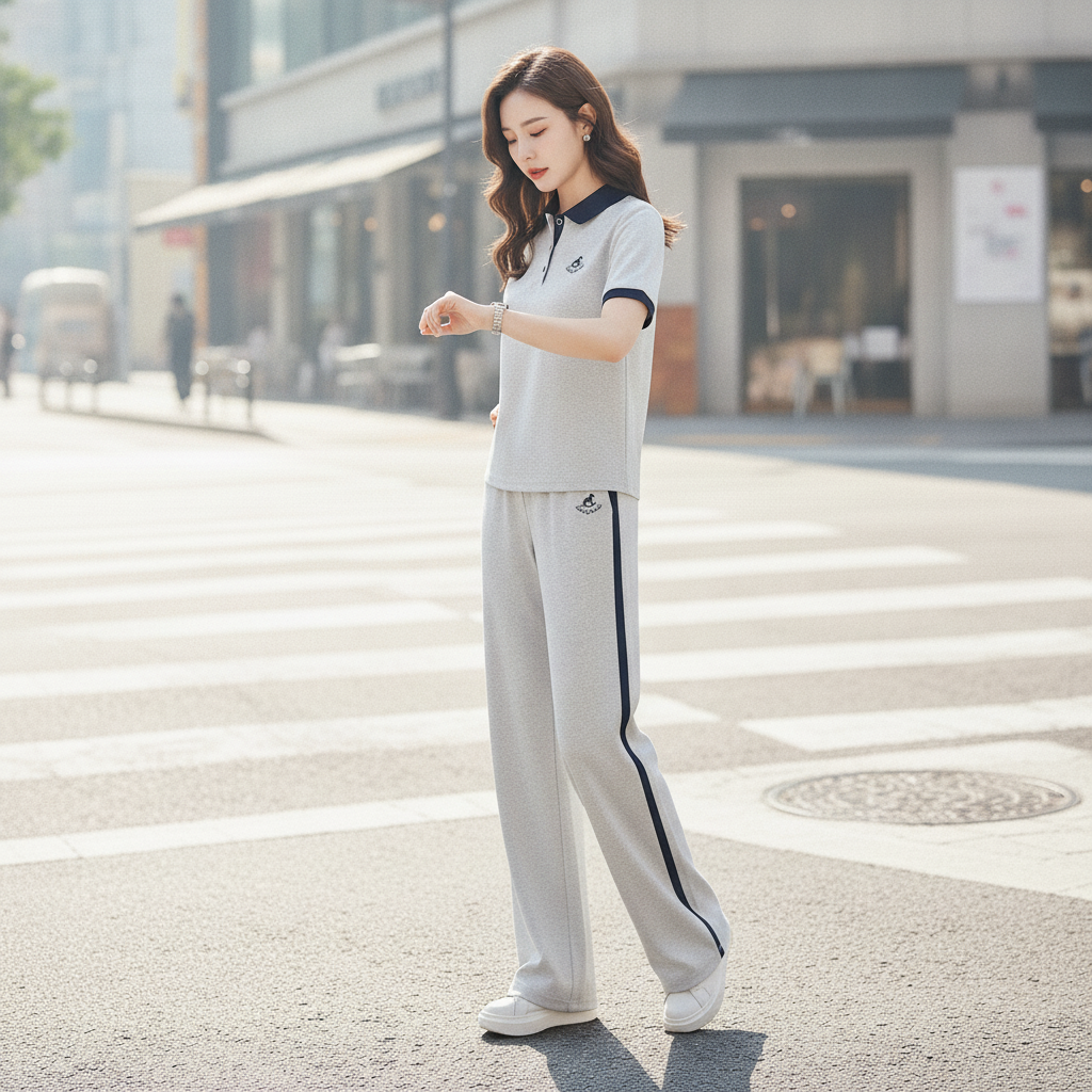Color-block Polo-style short-sleeve and wide-leg pants athleisure set