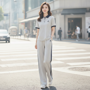 Color-block Polo-style short-sleeve and wide-leg pants athleisure set