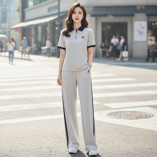 Color-block Polo-style short-sleeve and wide-leg pants athleisure set